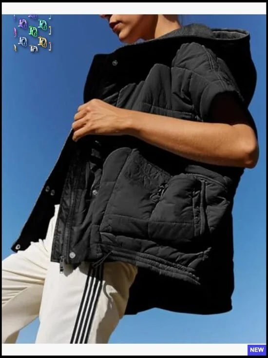 Oversized Quilted Puffer Vest Hooded Cap Sleeve Chic Winter Outerwear - Picture 3 of 5